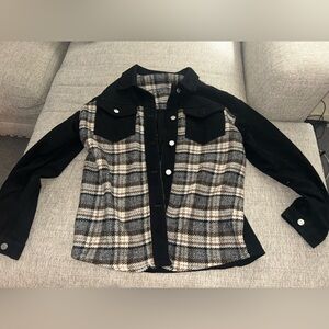 Plaid Button-Up Shacket with Black Sleeves
